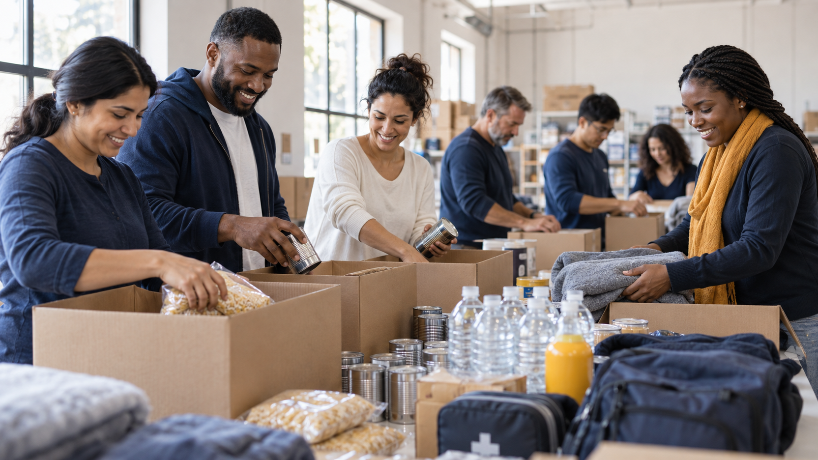 Illustrative image of volunteers packing food and supplies into boxes