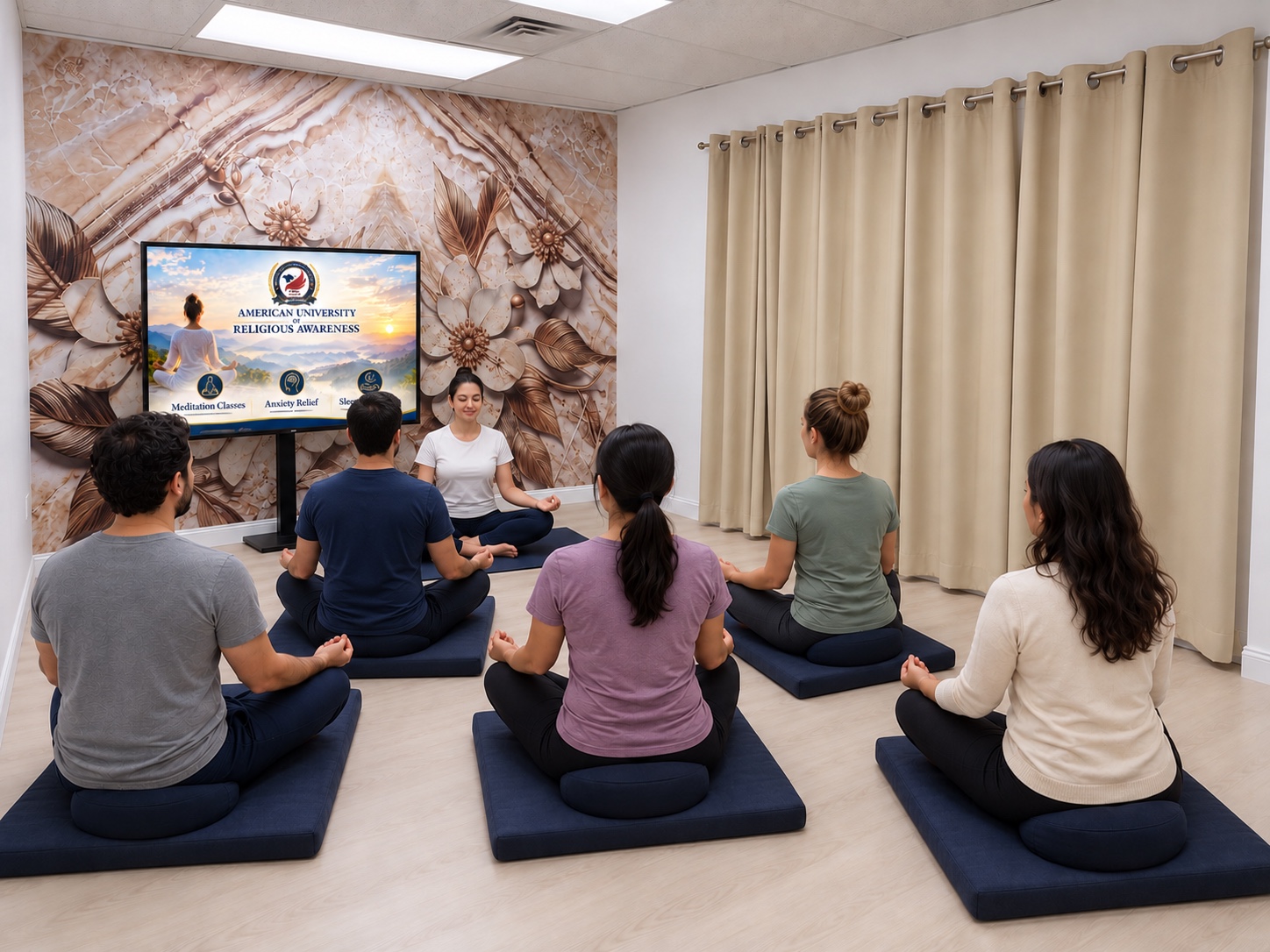 A small group seated on meditation cushions with an instructor in a bright classroom