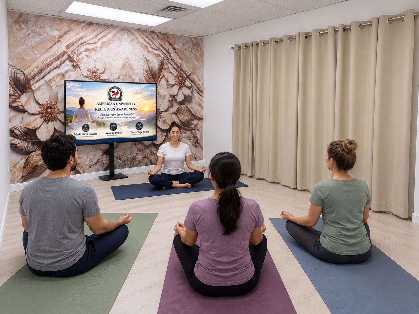 Three participants practising seated meditation with a teacher in a small-group setting